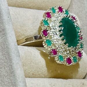 Elegant Silver Ring with Green and Pink Stones